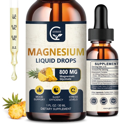 [BRSROCABCEOWMFDZ] GORNVB (2 Pack) Magnesium Glycinate Liquid Drops | 1000mg Liquid Magnesium Complex with D3, L-Thea & GABA for Energy, Sleep, Nerve and Heart Health, High Absorption, Pineapple Flavor