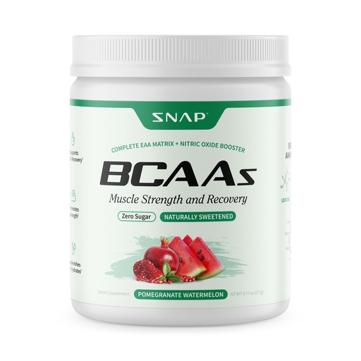 [BRSWYYIEAF6GKCLF] Snap Supplements BCAA Powder - 5g Vegan Branched Chain Amino Acids (2:1:1 Leucine Isoleucine Valine) + Essential Amino Acids with Nitric Oxide Booster, 30 Servings, Pomegranate Watermelon