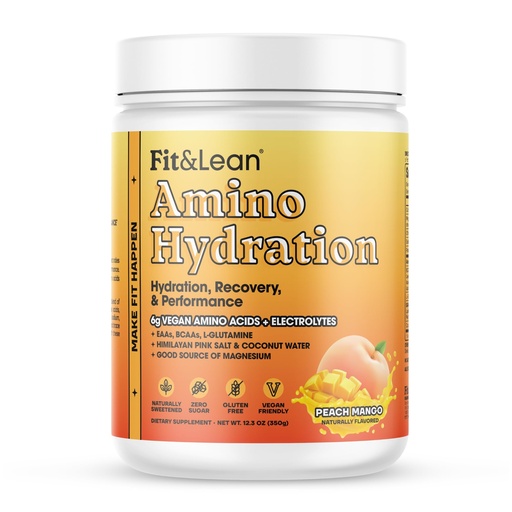 [BRSRAZA5OR6GO2Q4] Fit&Lean Amino Hydration, Naturally Sweetened Workout Recovery Drink, 6g Vegan Amino Acids, Essential Amino Acids, EAA, BCAA, Glutamine, Electrolytes, 30 Servings (30 Serve, Peach Mango)