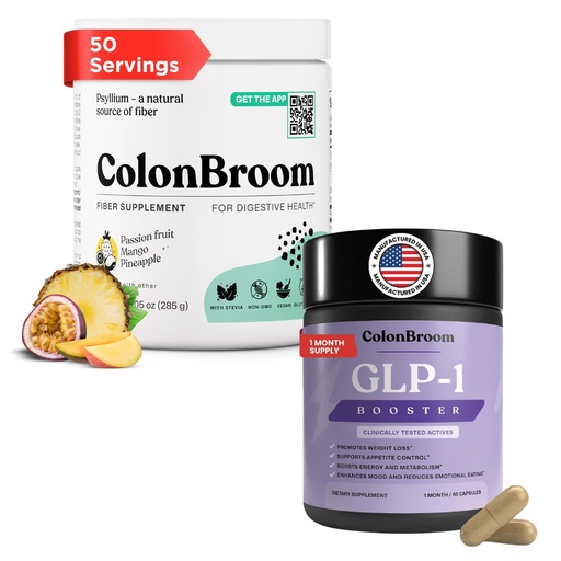 [BRSRGBIEAB6GMELU] ColonBroom GLP-1 Weight Management (30 Servings) + Psyllium Husk Powder Supplements (Tropical Fruits, 50 Servings) | Supports Appetite Control, Energy, Mood Balance, Bloating Relief & Gut Health