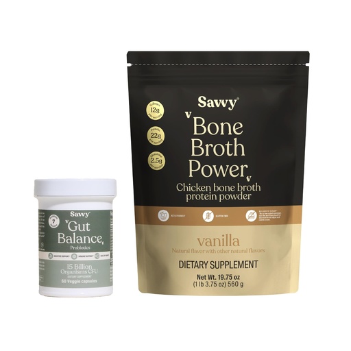 [BRSRGGI3OUJQ2FAU] SAVVY Bone Broth Power Vanilla Protein Powder, 22g Protein, 12g Collagen & Gut Balance Probiotics for Women & Men, 15 Billion CFU, 7 Clinically Studied Strains, Digestive Health, Immune Support
