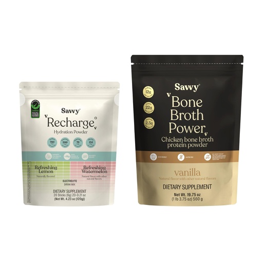 [BRSRGGIYCACRQET7] SAVVY Bone Broth Power Vanilla Protein Powder, 22g Protein, 12g Collagen & Recharge Electrolyte Powder, Sugar Free Hydration Drink, Sodium, Magnesium, Potassium (Variety (Lemon + Watermelon))