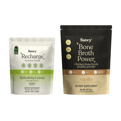 [BRSRGGIYA4GQM3QV] SAVVY Bone Broth Power Vanilla Protein Powder, 22g Protein, 12g Collagen & Recharge Electrolyte Powder, Sugar Free Conscious Hydration Drink with Sodium, Magnesium, Potassium, Glycine, Lemon Flavor