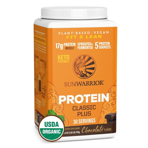 [BRSWGY33OIHQ2C3B] Sunwarrior - Classic Plus, Vegan Protein Powder with Peas & Brown Rice, Raw Organic Plant Based Protein, Chocolate, 30 Servings