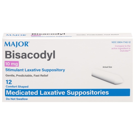 [BRSRMCYPA4PBYAD7] MAJOR Bisacodyl, 10 mg - Stimulant Laxative Suppository - Gentle, Predictable, Fast Relief - 12 Comfort-Shaped Medicated Laxative Suppositories