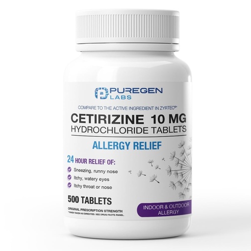 [BRSREGIDAABW2D3U] Puregen Labs 24-Hour Allergy Relief, Cetirizine 10mg 500 Tablets – 24 Hour Non-Drowsy Antihistamine Allergy Medicine for Runny Nose, Sneezing, Itchy, Watery Eyes