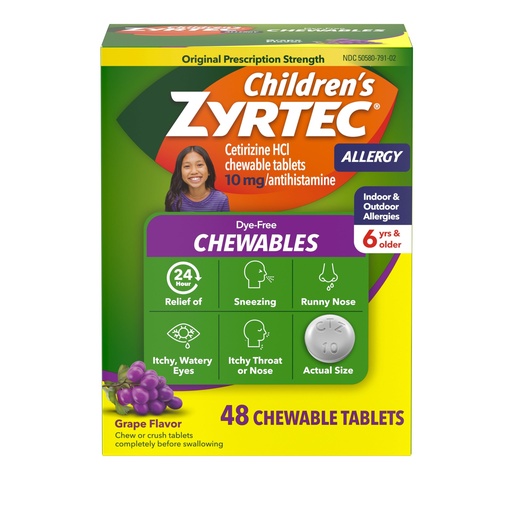 [BRSRAYIEBBYGMFY3] Zyrtec Children's Dye-Free Chewables for 24 Hour Allergy Relief, 10 mg Cetirizine Hydrochloride Antihistamine Tablets, Kids Allergy Medicine Relieves Sneezing & Itchy Throat, Grape, 48 ct