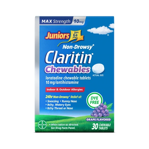 [BRSWGFLYCAPQYADF] Juniors Claritin Max Strength 10mg Chewables, One Dose for 24-Hour Non-Drowsy Allergy Relief, Children's Allergy Medicine, Kids Chewable Allergy Medicine, Ages 6+, Grape Flavored, Dye-free, 30 Tablets