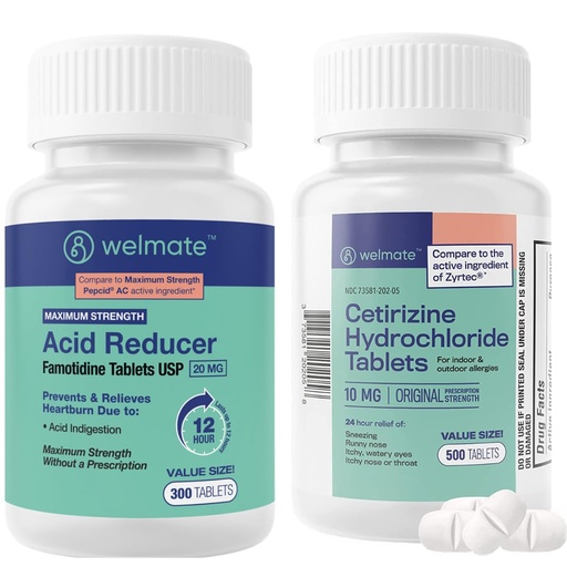 [BRSREZIEDJ5BSCDO] WELMATE Allergy & Stomach Relief Bundle | Cetirizine 10mg + Famotidine 20mg | 24hr Allergy & 12hr Heartburn Support | 500 + 300 Tablets