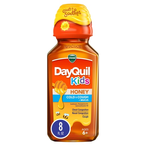 [BRSW2HAPOYPG22DH] Vicks DayQuil Kids Cold and Cough + Mucus Relief Made with Real Honey for Kids 6+ Tastes Great 8oz