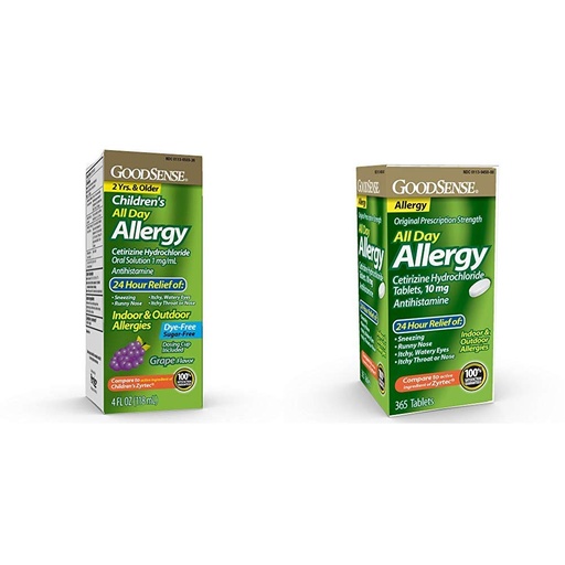 [BRSWYZ35AUMB63D3] Goodsense Children's All-Day Allergy, Cetirizine Hydrochloride Oral Solution 1 Mg/ml, Grape, 4 Fluid Ounce and GoodSense All Day Allergy, Cetirizine HCL Tablets, 10 mg, 365 Count