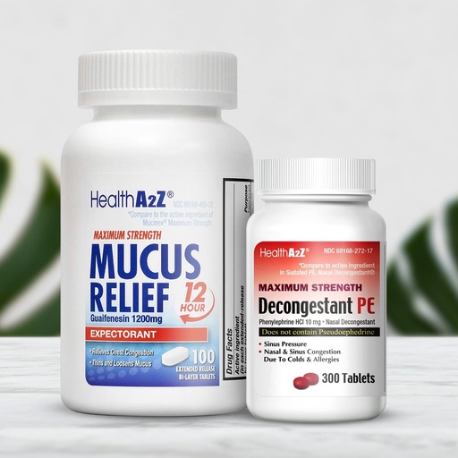 [BRSREGADOBYGAA34] HealthA2Z Decongestant PE & Mucus Relief Maximum Strength | Phenylephrine HCl 10mg 300 Tablets | Guaifenesin 1200mg 100 Tablets