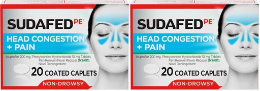 [BRSRAY35DIGQ2DTZ] Sudafed PE Non-Drowsy Head Congestion + Pain Relief Caplets with Ibuprofen 200 mg & Phenylephrine HCl 10 mg, Nasal Decongestant & NSAID Pain Reliever & Fever Reducer, 20 ct (Pack of 2)