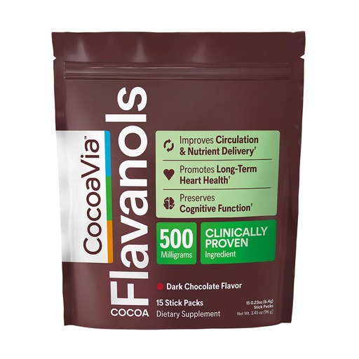 [BRSROBAFO56GOEL7] CocoaVia Cocoa Flavanols 500mg, High Flavanol Cocoa Powder, Support Heart and Brain Health, Boosts Nitric Oxide, Circulation, Preworkout, Travel-Friendly, Vegan, Dark Chocolate, 15 Single Serve Sticks