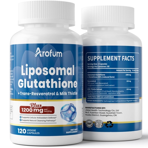 [BRSREEI2AUBQKDYZ] Liposomal Glutathione 1000mg, with Resveratrol & Milk Thistle | High Absorption Reduced Glutathione liposomal Supplement | 120 Vegan Capsules for Skin Health, Immune & Liver Support