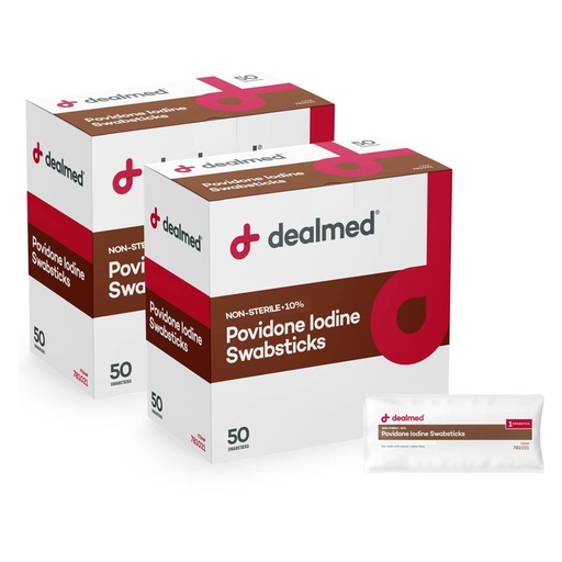 [BRSW2CACOENBSHTK] Dealmed Povidone Iodine 10% Swabsticks - Individually Sealed Packets Perfect for Wound Care and Portable First Aid Kits, 50/Box (Pack of 2)