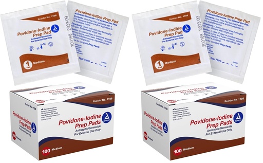 [BRSROFQYBEBRO33B] Dynarex Povidone-Iodine Prep Pads, Saturated with Povidone Iodine 10%, Medical-Grade Antiseptic Wipes used for Prepping prior Minor Procedures, Medium, 1 Case of 100 Prep Pads (Pack of 2)
