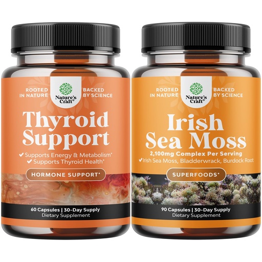 [BRSRM2TRCUORQCT5] Bundle of Herbal Thyroid Support for Weight Loss and Organic Irish Sea Moss Capsules - Advanced Metabolism Booster Energy - with Burdock Root Superfood Blend for Immune Support