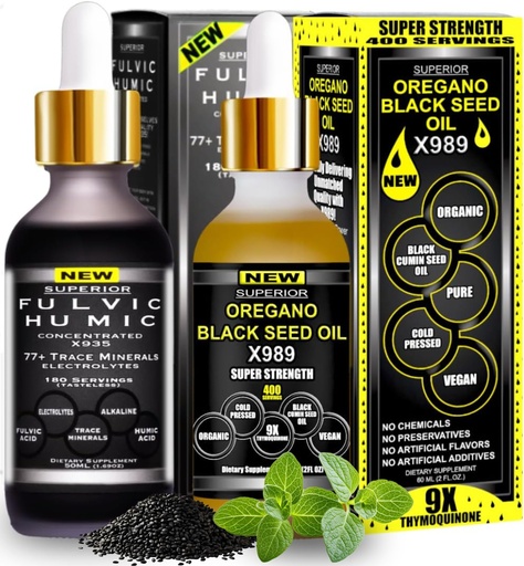 [BRSREYYHBENBAALD] Fulvic Humic Mineral Blend – 580 Servings | Bundle X935 Humic and Fulvic Acid Supplement + X989 Oil of Oregano with Black Seed Oil | Fulvic Acid Organic, Fulvic Minerals | Gut & Energy Support