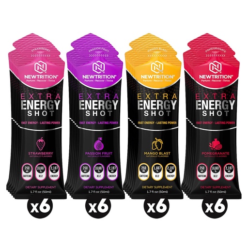 [BRSRGZD3B4FBSFDG] NewTrition® Extra Strength Energy Shots 1.7 fl oz - 250mg Caffeine with B Vitamins & Amino Acids, Sugar-Free Zero Calorie Vitamin Energy Drink for Focus & Endurance (Pack of 24, 4 Flavors - Mixed 3)