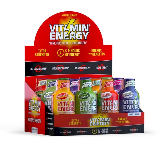 [BRSRAHAHBANQEC3A] Vitamin Energy Extra Strength Energy Shot Variety Pack 12 Pack, 260mg Natural Caffeine, B-Vitamins, Vitamin D, NALT, Rhodiola, Mood, Focus, Immunity & Strength Support, Zero Sugar, Vegan, 1.93 fl oz