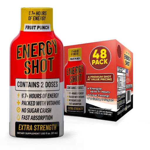 [BRSWYAL7BBYQMCTU] Fruit Punch Extra Strength Energy Shot 48 pk – 260mg Natural Caffeine B12 B6 – Energy & Focus Support – 2 Servings Sugar Free Zero Calorie Green Tea B-Vitamins Electrolytes Vegan – 1.93 fl oz