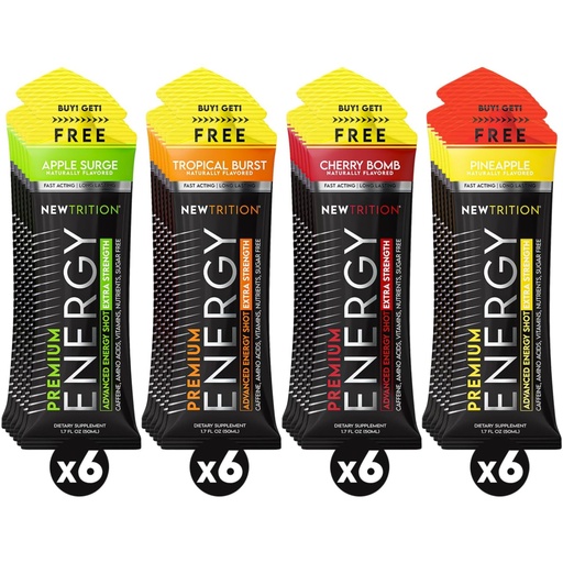 [BRSREFD3CAIG2DI4] NewTrition® Extra Strength Energy Shots 1.7 fl oz - 250mg Caffeine with B Vitamins & Amino Acids, Sugar-Free Zero Calorie Vitamin Energy Drink for Focus & Endurance (Pack of 24, 4 Flavors - Mixed 2)