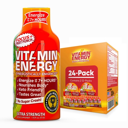 [BRSRAHAHBEMQECTG] Vitamin Energy Focus+ Extra Strength Energy Shot Fruit Punch 24 Pack, 260mg Natural Caffeine, B-Vitamins, CoQ10, Amino Acids, Focus, Productivity & Clarity, Zero Sugar, Gluten-Free, 1.93 fl oz