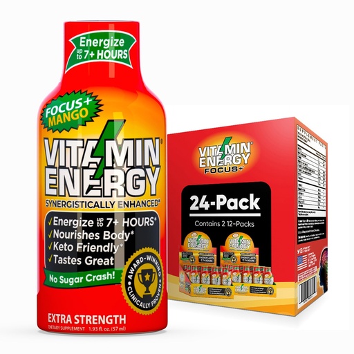 [BRSRAGL6CR4GMG3U] Vitamin Energy Focus+ Extra Strength Energy Shot Mango 24 Pack, 260mg Natural Caffeine, B-Vitamins, CoQ10, Amino Acids, Focus, Productivity & Clarity, Zero Sugar, Gluten-Free, 1.93 fl oz