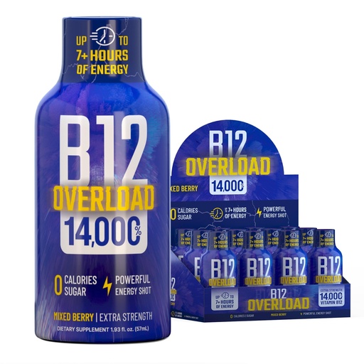 [BRSRABQ7OQIRGAL7] B12 Overload Extra Strength Energy Shot – Mixed Berry – 260mg Caffeine, 14000% B12, Electrolytes – Energy & Vitality Support – Zero Sugar No Calories – Vegan, Kosher, Gluten-Free – 1.93 fl oz, 12-Pack