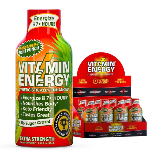 [BRSREYI3PMMGEAAV] Vitamin Energy Immune+ Extra Strength Energy Shot Fruit Punch 8 Pack, 260mg Natural Caffeine, B-Vitamins, Citicoline, Green Tea, Immunity & Focus Support, Zero Sugar, Gluten-Free 1.93 fl oz