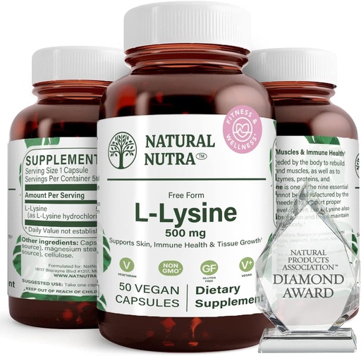 [BRSWIBQADJ7GIAY7] Natural Nutra L Lysine HCl, Promotes Bone Health and Growth, Support Skin Health, Improve Vitamin C Absorption, Helps Built Collagen, Improve Calcium Absorption, Non-GMO, Vegan, 500 mg, 50 Capsules.
