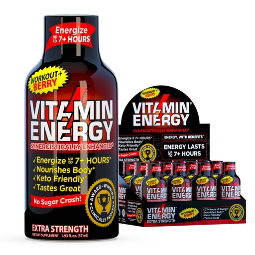 [BRSRAGLQCQFBM23J] Vitamin Energy Workout+ Extra Strength Energy Shot Berry 12 Pack, 260mg Natural Caffeine, Pre-Workout, B-Vitamins, Minerals, Endurance & Performance, Zero Sugar, Gluten-Free, Vegan, 1.93 fl oz