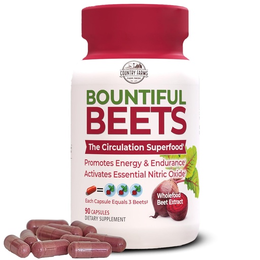[BRSWGEA7AAFQE337] Country Farms Bountiful Beets Capsules, Wholefood Beet Extract Superfood, Natural Nitric Oxide Booster, Beet Root Powder, Circulation and Immune Support, 90 Count, 90 Servings