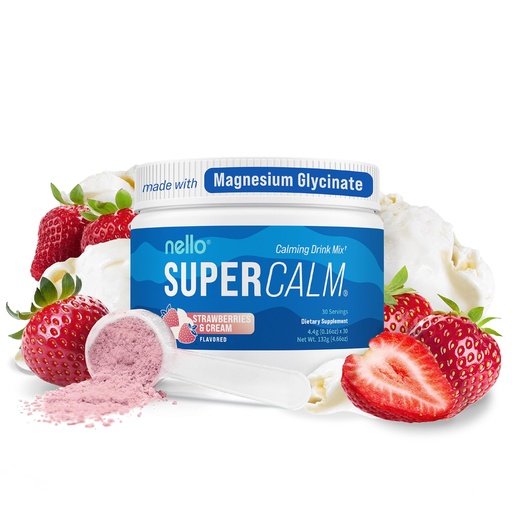 [BRSREGD2OIJRSELV] Nello Supercalm Powdered Drink Mix Tub, Cortisol Reducer* and Sleep Aid Supplement, L Theanine, Ksm-66 Ashwagandha, Magnesium Glycinate, Vitamin D 3, No Sugar, Non GMO, 30 Ct, Strawberries & Cream