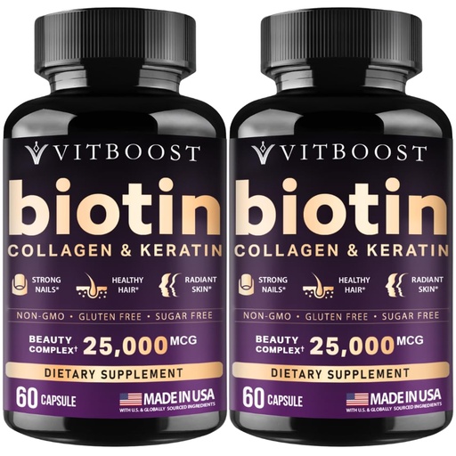[BRSREYYKCEIWGCLJ] Vitboost Biotin with Hyaluronic Acid, Collagen and Keratin – 25000 mcg Hair Growth Vitamins for Men and Women – Nails and Skin, USA Made - Third Party Tested, B1, B2, B3, B6, B7 Complex - 120 Capsules