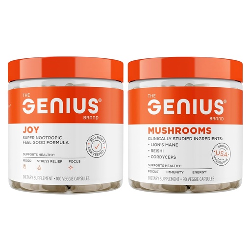 [BRSRGFD3BMCBSCTV] Genius Joy, Nootropic Mood Enhancer Supplement + Genius Mushrooms- Lion's Mane, Cordyceps & Reishi