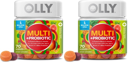 [BRSRGGQNPJYQOADH] OLLY Multi + Probiotic Adult Multivitamin Gummy, 1 Billion CFUs, Digestive and Immune Support Chewable Supplement, Tropical Twist, 35 Day Supply - 70 Count (Pack of 2)