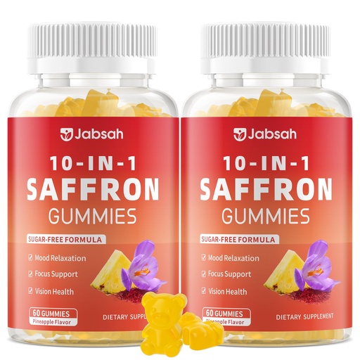 [BRSREAQKAEFBEYLV] Saffron Gummies for Adult Kids, 10-IN-1 Saffron Supplements with Saffron Extract 88.5 mg, Vitamin D3, B6, B12, L-Theanine, St. John's Wort, Ashwagandha for Mood, Focus, Calm, Melatonin-Free, 120 Count