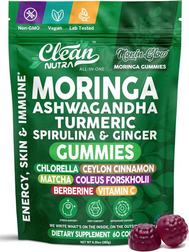 [BRSREELROYMG2GYY] Clean Nutra Moringa Gummies | Pure Moringa Powder Supplement + Ashwagandha Turmeric Spirulina & Ginger Energy, Skin, Immune & Gut Health Green Superfood - Moringa Capsules Alternative