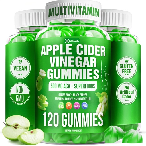 [BRSREEAFCQBBQ3LO] 120 Premium Apple Cider Vinegar (ACV) Gummies, Formulated with Vitamin B12, Zinc, Ginger & Vitamin C | Vegan - Gluten Free - Non GMO