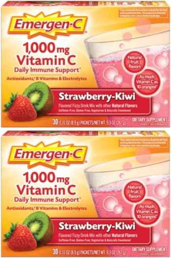 [BRSWKGAZO57AKALM] Emergen-C 1000 mg C-vitamiini Kuiva-aine, mansikkakivellinen maku, antioksidantit, B-vitamiinit ja elektrolyytit, C-vitamiini täydentää immuunitukea, 30 luku (Pakkaus 2)