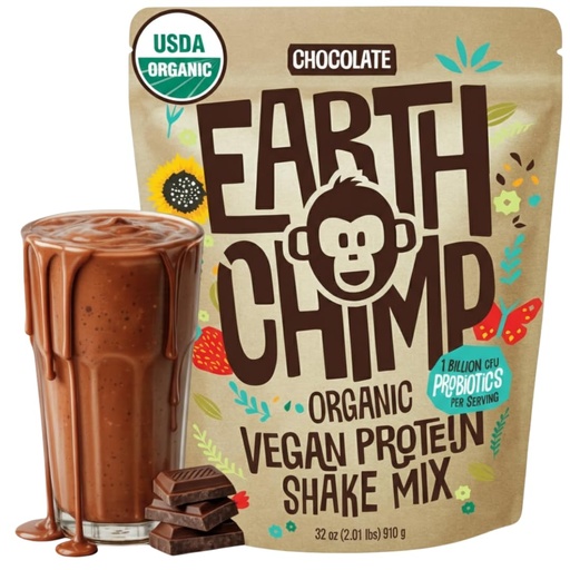 [BRSWGEALC4MGGDIU] EarthChimp Organic Vegan Protein Powder - with Probiotics - Non GMO, Dairy Free, Non Whey, Plant Based Protein Powder for Women and Men, Gluten Free - 26 Servings 32 Oz (Chocolate)