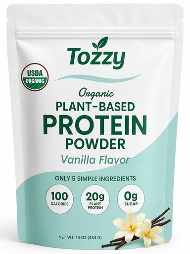 [BRSRAHQBDIOR43TU] TOZZY Organic Vegan Protein Powder, Vanilla | 16 Servings | 20g Plant-Based Pea Protein | 5 Simple Ingredients | 0g Sugar | Keto | Gluten- & Dairy-Free (1 lb) - Packaging May Vary