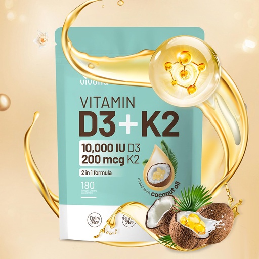 [BRSRGGI2BUOQKC3V] VivoNu Vitamin D3 K2 10000 IU with MK7-300 Virgin Coconut Oil Softgels, 2 in 1 Vitamins D & K Complex | Vitamina D3 con K2 ((180 capsules/1Bag))