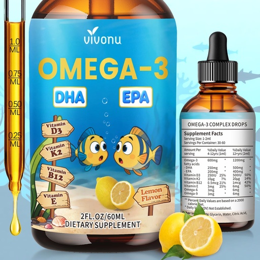 [BRSRGAIYBYIAYHLU] VivoNu Omega 3 for Kids, Children’s DHA Omega 3 6 9 Drops | 600mg Total Omega-3s with EPA & DHA| Brain Development & Mood, Learning - Non-GMO(2Fl Oz)