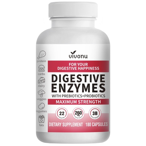 [BRSRGBICCINRSGY6] VivoNu Digestive Enzymes | 22 Enzymes with Organic Prebiotics & Probiotics | Supports Digestion* of Protein, Carbs, Fiber & Dairy | 180 Capsules