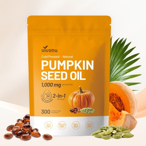 [BRSREFQLO57GM3Y6] VivoNu Pumpkin Seed Oil with Saw Palmetto Capsules | Cold Pressed, Pure Virgin Oil, Essential Fatty Acids & Phytosterols | 300 SoftgelsSupports Hair, Urinary, Bladder & Prostate Health | Non-GMO