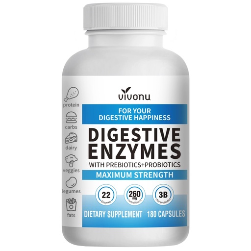 [BRSRGBAQCEIRYG33] VivoNu Digestive Enzymes | 22 Enzymes with Organic Prebiotics & Probiotics | Supports Digestion* of Protein, Carbs, Fiber & Dairy | 180 Capsules