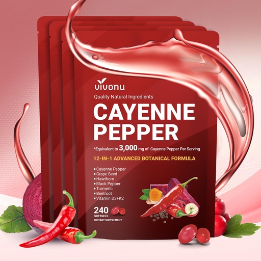[BRSREGL3BYDR4AD7] VivoNu Cayenne Pepper Softgels Supplement, Supports Leg Vein, Heart and Blood Vessel Health, with Vitamin E D3+K2 and Extracts of Grape Seed, Hawthorn, Beetroot, Berberine and Other